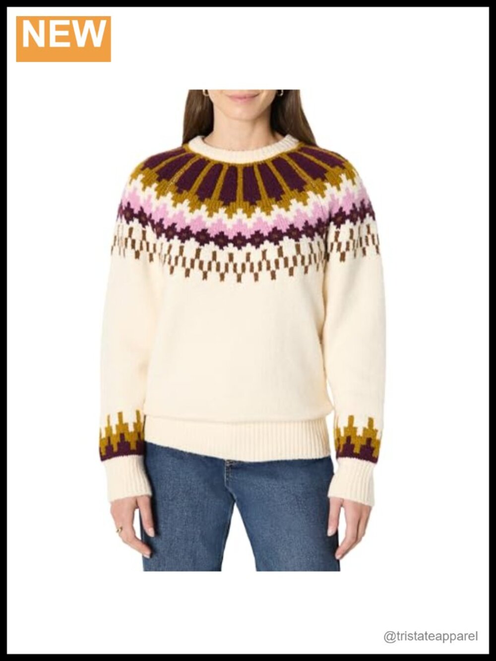 Women's Oversized Fair Isle Crewneck Sweater Heavyweight Cotton-Blend Raglan